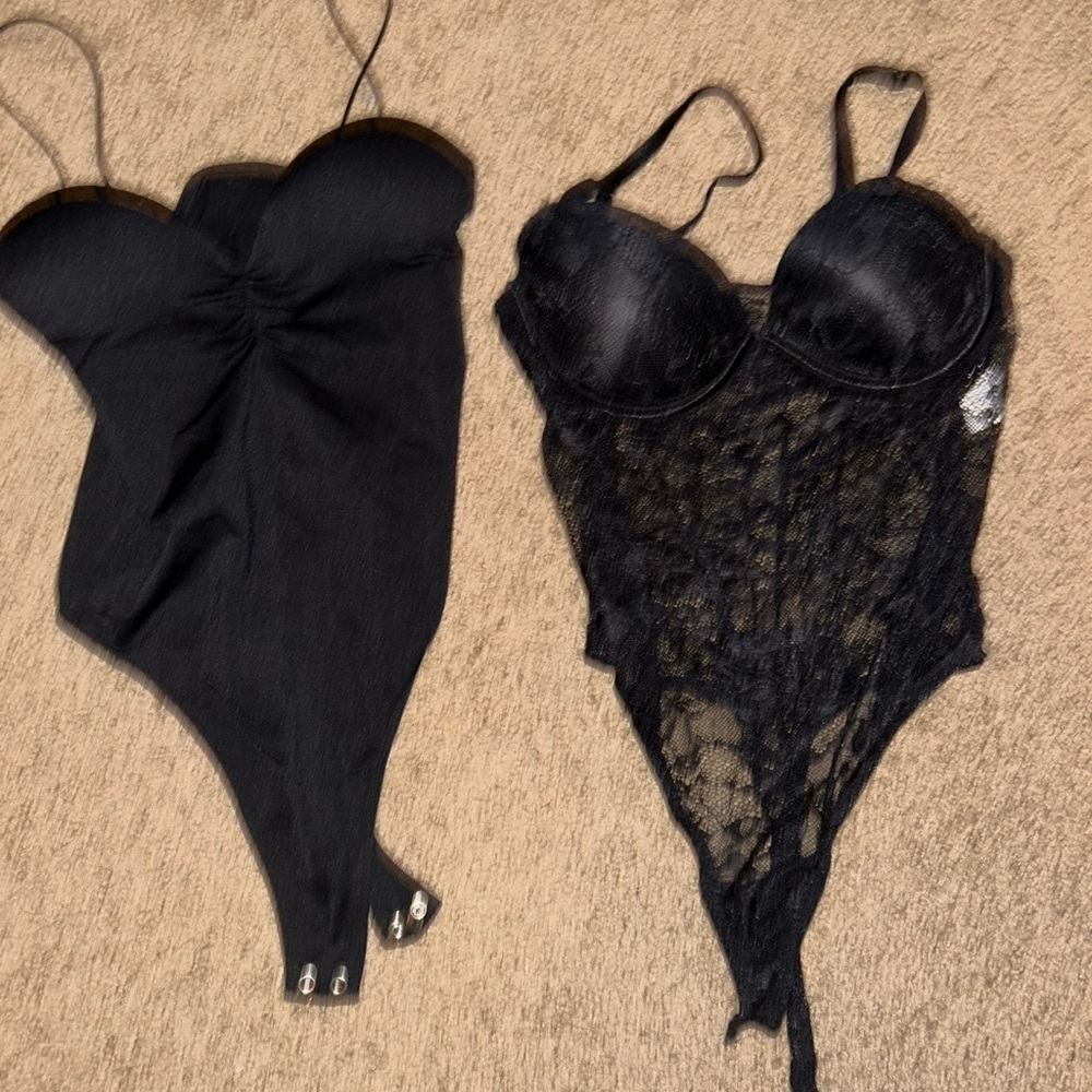Black Lace and Solid Bodysuit Set